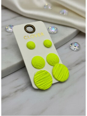 Clover Stud Earrings Neon Green Gold Tone Minimalist New